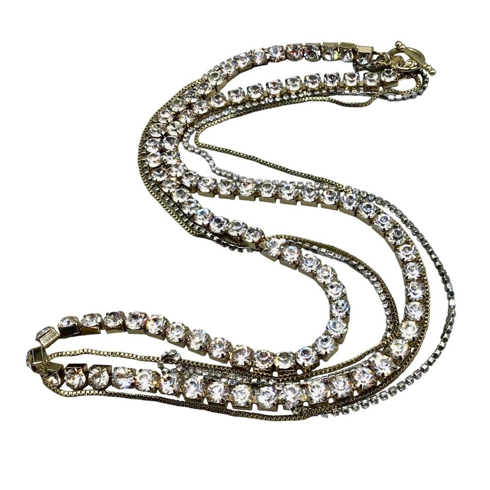 Vintage 90s Necklace Gold Tone Multi Chain Rhinestones Clear Stones Toggle Clasp